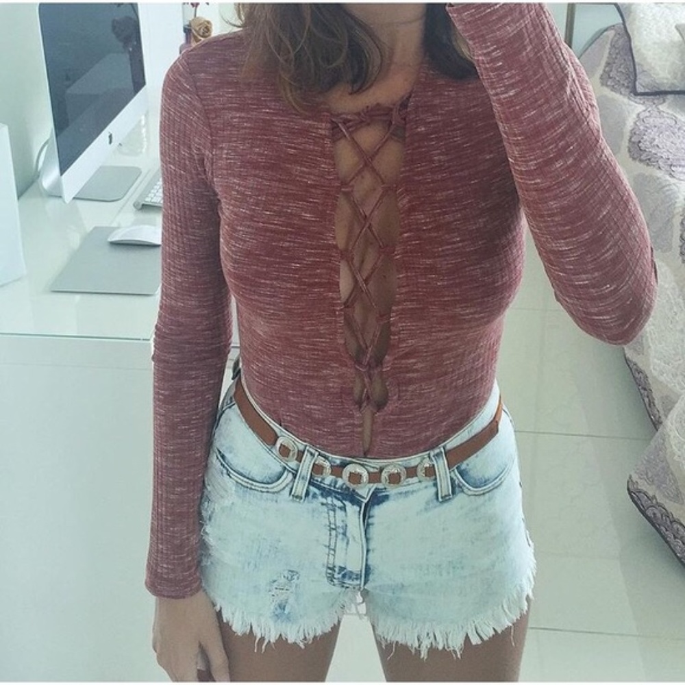 Maddy K Lace up bodysuit Long sleeves spacedye